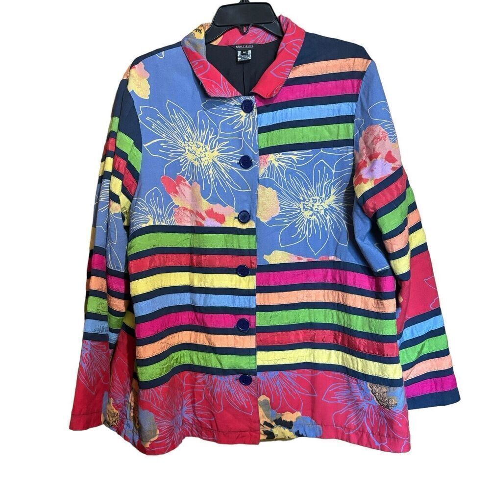 Multiples Jacket Womens 1X Multicolor Artsy Floral Stripe Mixed Print Lagenlook